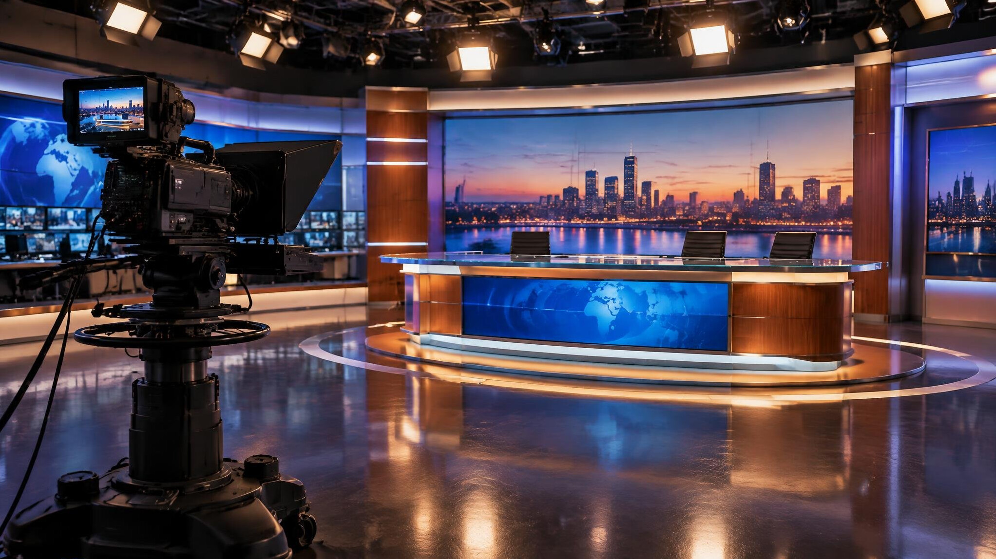 Television studio camera on set during a live broadcast