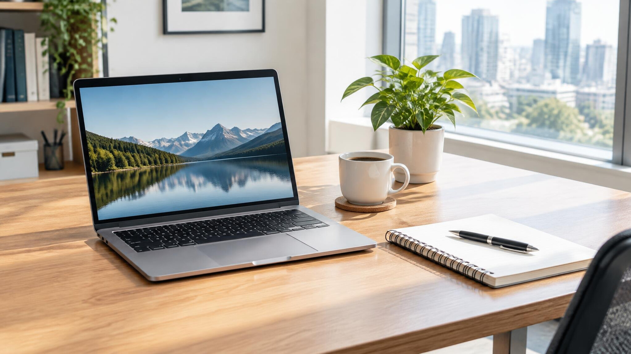 Tidy desk with laptop and notebook