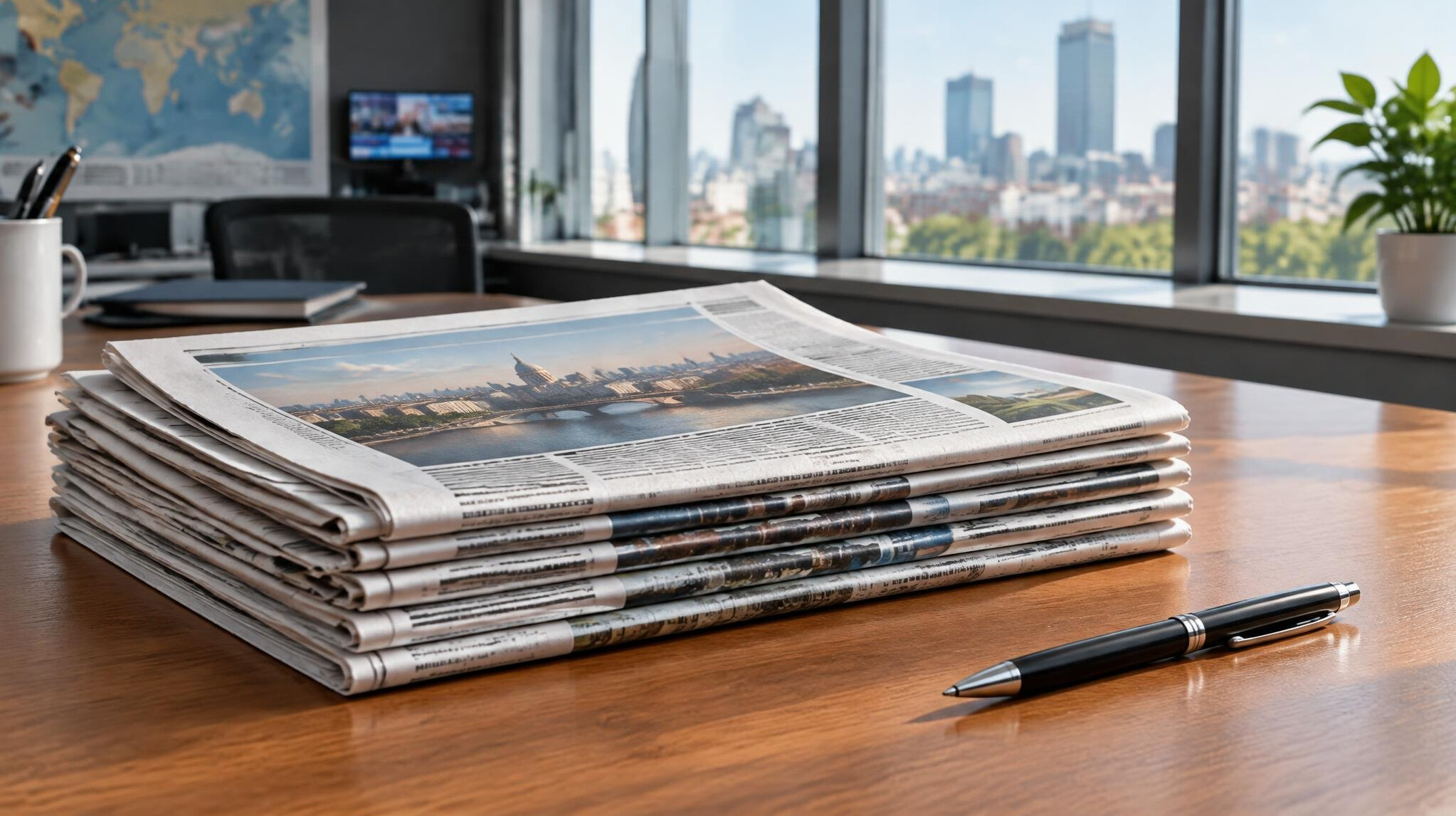 Stack of newspapers on a newsroom desk